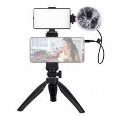 Phone Vlogging Kit for Video Recording with Microphone Built-in Battery LED Light Windscreen with Phone Clamp Tripod Shock Mount and TRS/TRRS Cable