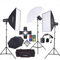 Andoer MD-250 750W (250W * 3) Studio Strobe Flash Light Kit with Light Stand Softbox Lambency Unbrella Barn Door Flash Trigger Carrying Bag for Video