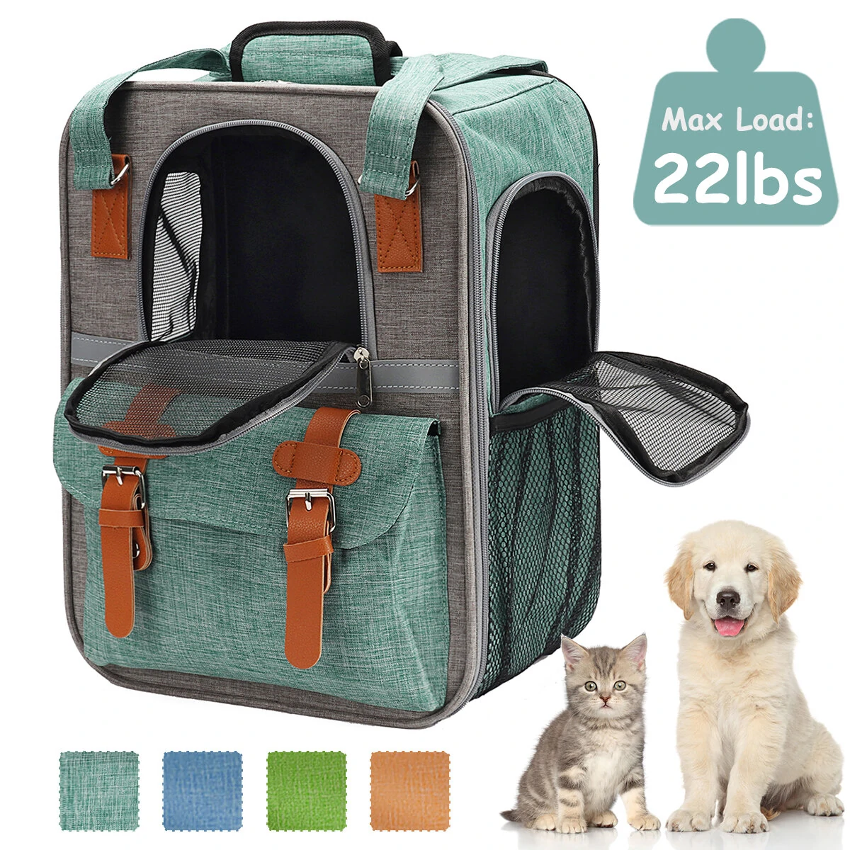 Pet Travel Carrier Backpack 20lbs Cat Dog Foldable Back Bag with Removable Mat Puppy Supplies - Green