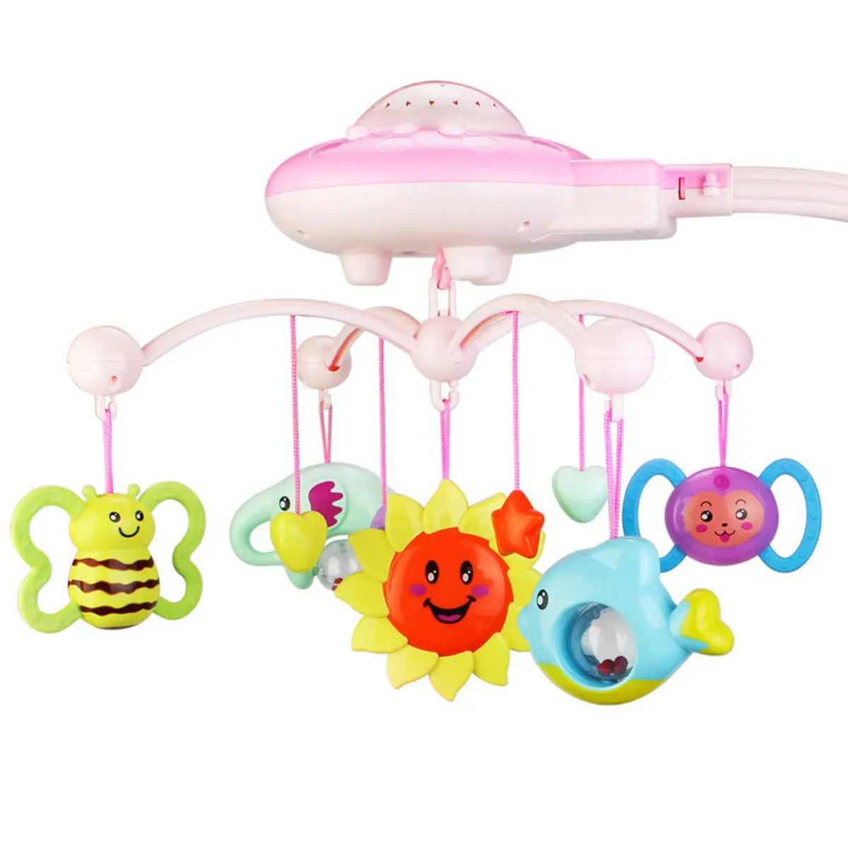 Crib Mobile Musical Bed Bell With Animal Rattles Projection Early Learning Toys 0-12 Months - Pink