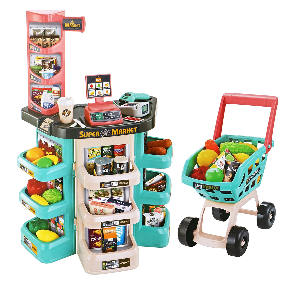 Children Play House Kitchen Simulation Toys Scanner Credit Card Machine Trolley Shopping Trolley Cash Register Set - Brown