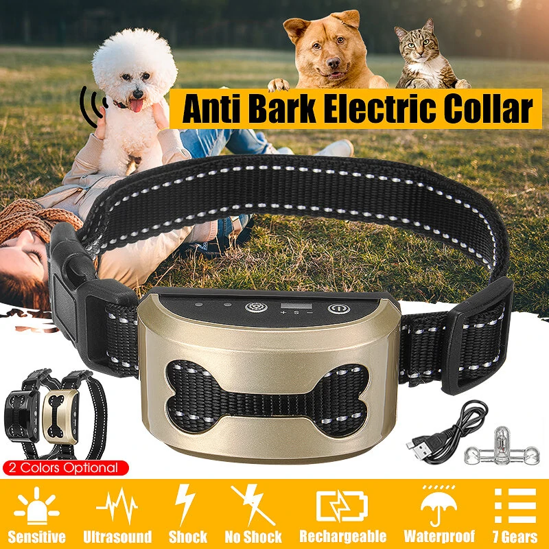 Bark Control Collar 7Gears Sensitivity Waterproof Electric Shock USB Charge Pet Supplies Dog Collars Training - Gold