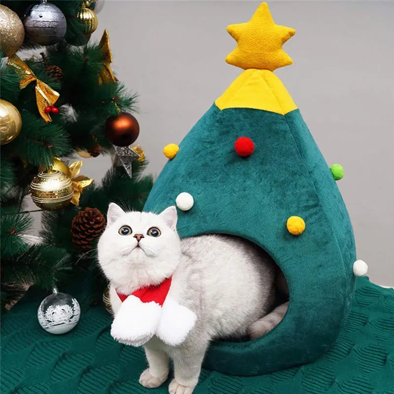 Christmas Tree Cat Litter Kennel Winter Warm Pet Nest Winter Cat House Pet Supplies Pet Bed - L