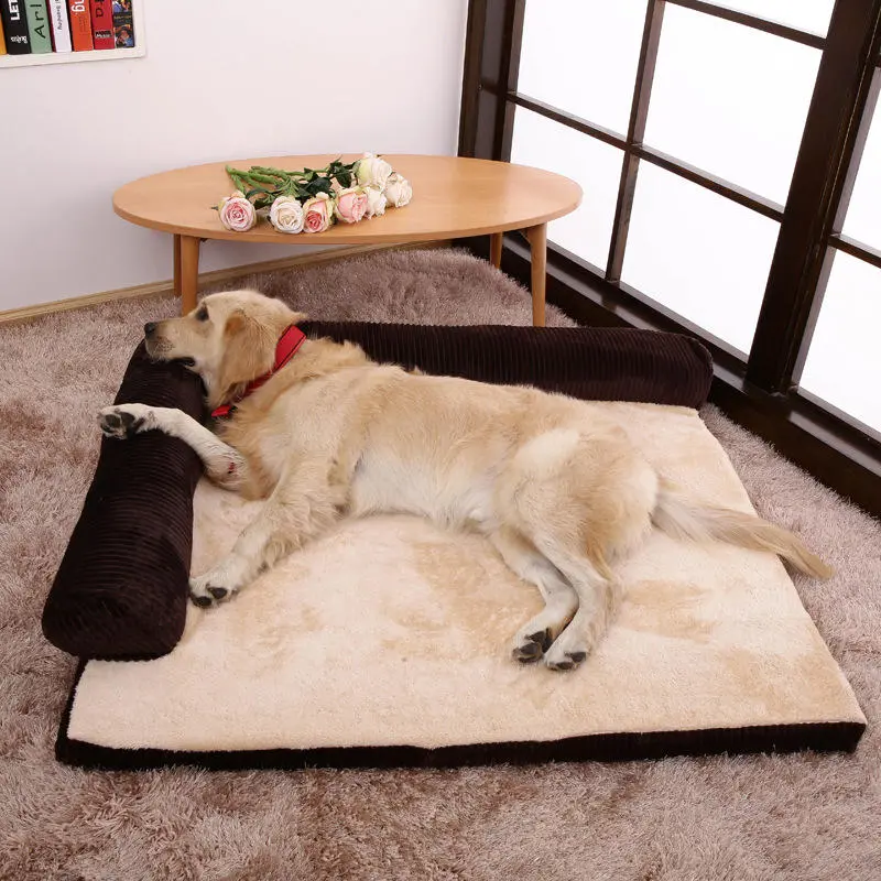 Luxury Corduroy Bolster Pet Dog Sofa Bed Puppy Fleece Bed Mat for Large Dog Pet Bed - M Coffee