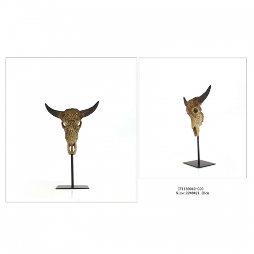 Resin flocked bull skull decor with metal base