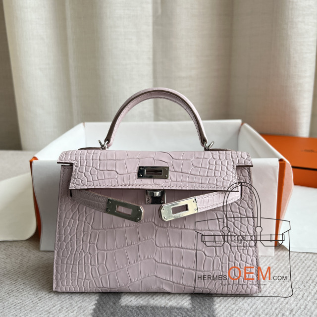 Kelly mini Matt alligator 09 Mauve pale Silver