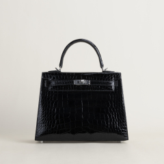 Kelly25 Shiny Alligator crocodile 89 Noir  PHW