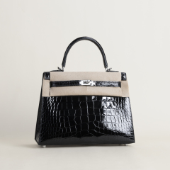 Kelly25 Shiny Alligator crocodile 89 Noir  PHW
