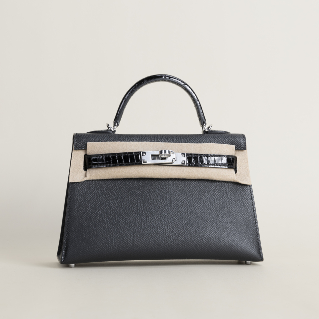 Mini Kelly II Touch Epsom/shiny Alligator Crocodile 89 Noir PHW