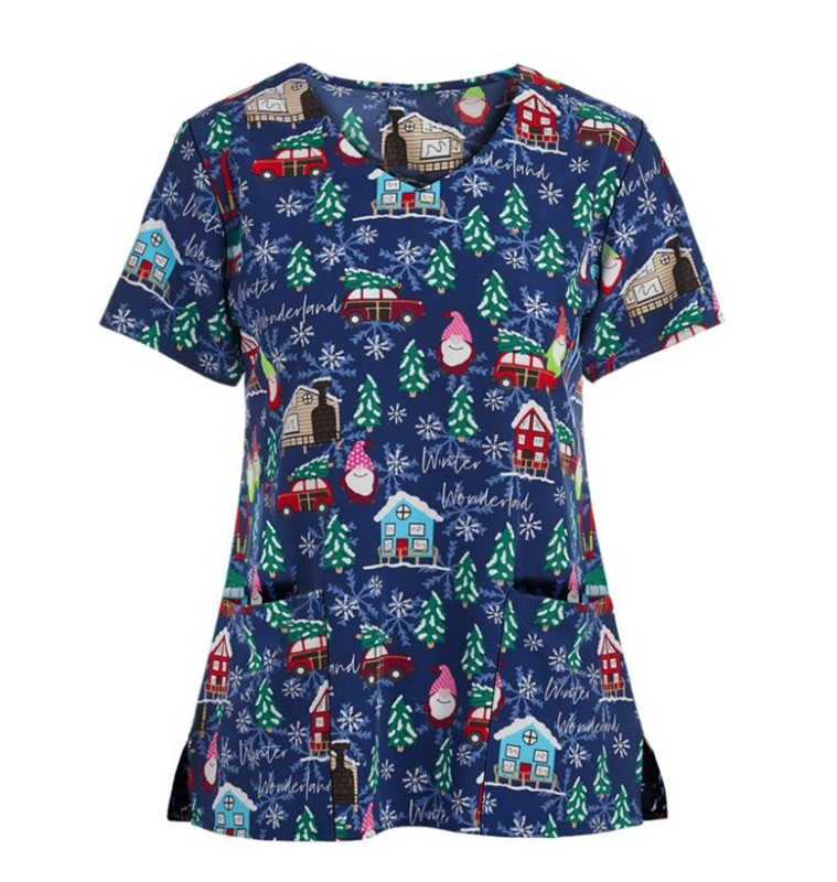 2021 new Christmas print V-neck pocket hem slit ladies short sleeve T-shirt nurse uniform