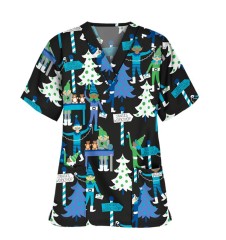 2021 new Christmas print V-neck pocket hem slit ladies short sleeve T-shirt nurse uniform
