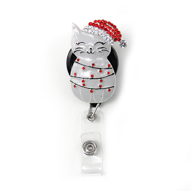 Cute Enamel Rhinestone Christmas Cat ID Badge Holder for Gift