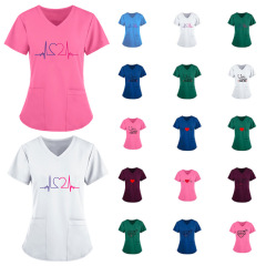 Amazon Cross-border 2022 Summer European and American Nurse Wear Nursing Workwear Printed Shirt V-Neck Large Pocket Short Sleeve T-Shirt Women's