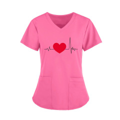 Amazon Cross-border 2022 Summer European and American Nurse Wear Nursing Workwear Printed Shirt V-Neck Large Pocket Short Sleeve T-Shirt Women's