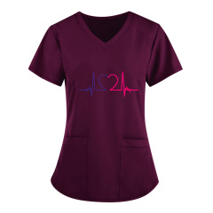 Amazon Cross-border 2022 Summer European and American Nurse Wear Nursing Workwear Printed Shirt V-Neck Large Pocket Short Sleeve T-Shirt Women's