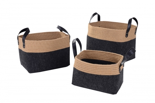 Set of 3 felt and jute rope storage baskets