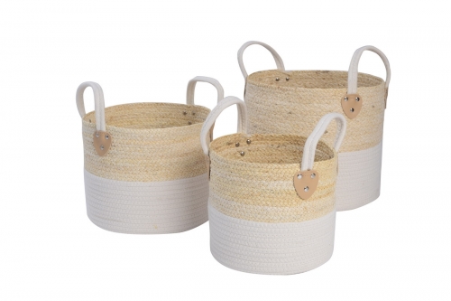 Set of 3 maize leaf and cotton rope baskets