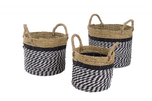 Plastic and seagrass storage baskets