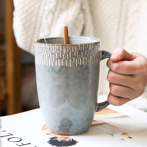 Mugliving retro Mug,reactive blue and grey glaze mug, silk printing mug,big capacity stoneware mug, 600ML, Bullet shape ceramic mug