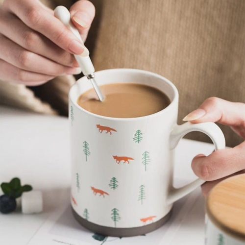 Mugliving animal pattern mug, woof mug, fox mug with pine tree,ceramic tea mug,silk printing stoneware coffee mug