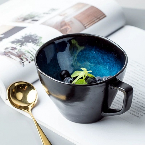 Mugliving organic mug, night blue reactive glaze mug, black matt glaze outside,hand-thrown appeal mug,ceramic coffee mug