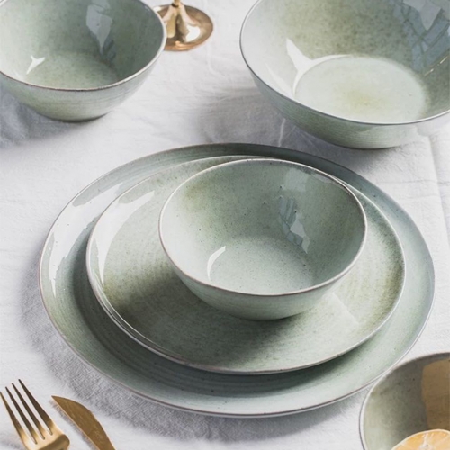 Reactive sage glaze dinnerware,Natural Dinnerware with threads ,Stylish and Practical tableware, including mug, bowl dinner plate, side plate