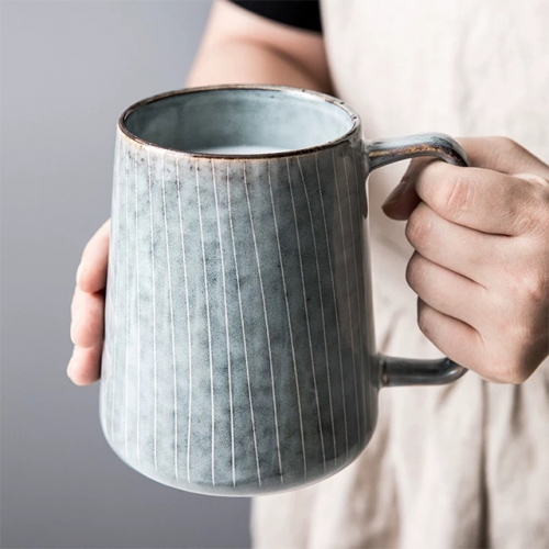 Mugliving ceramic mug, handprinting lines mug,Reactive grey blue glaze mug, big capacity ceramic mug:650ML, handcraft mug