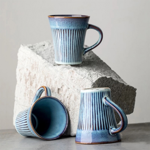 Mugliving retro Striped Embossed Ceramic mug，250ML tea mug, coffee mug,milk mug, ceramic mug, reactive glaze mug