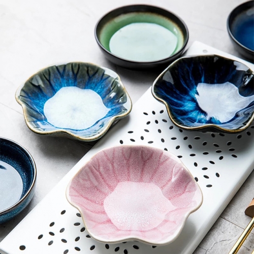 Unique reactive glaze dip bowl, round shape& flower shape ceramic dip bowl, 7 pattern available,reactive blue, green,pink and white glaze mixed