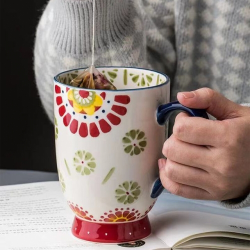 Mugliving hand Painted ceramic mug, footed ceramic coffee mug ,water color glaze soup mug, retro mug, handmade mug, 4 pattern available