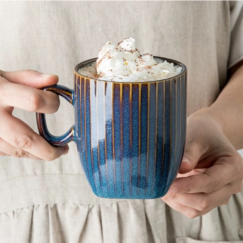 Mugliving reactive blue ceramic mug, Retro Striped Embossed mug set of 2，400ML tea mug, coffee mug,milk mug, ceramic mug