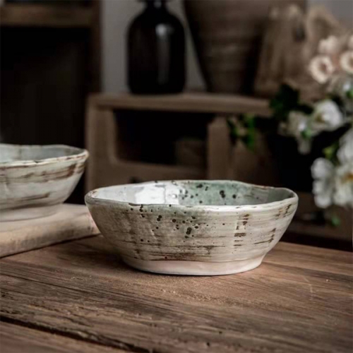 Mugliving vintage retro bowl, Hand-thrown appeal cereal bowl,Reactive glaze  bowl with hand brush nature pattern