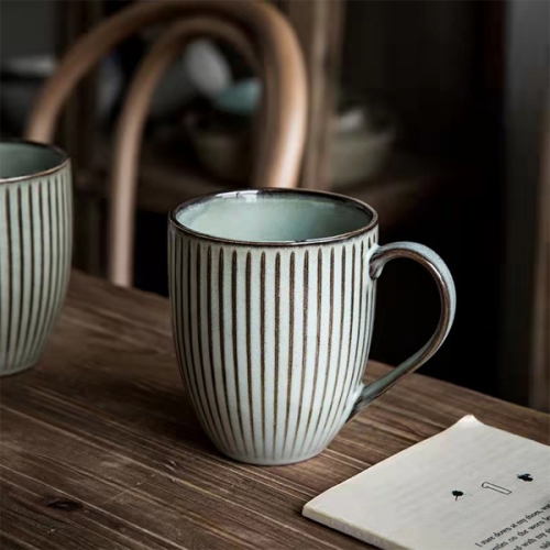 Mugliving reactive sage ceramic mug, Retro Striped Embossed mug ,400ML tea mug, coffee mug,milk mug, ceramic mug