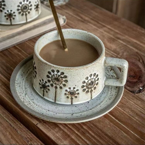Mugliving flora pattern ceramic cup and saucer , retro ceramic coffee mug, handmade reactive glaze stoneware mug