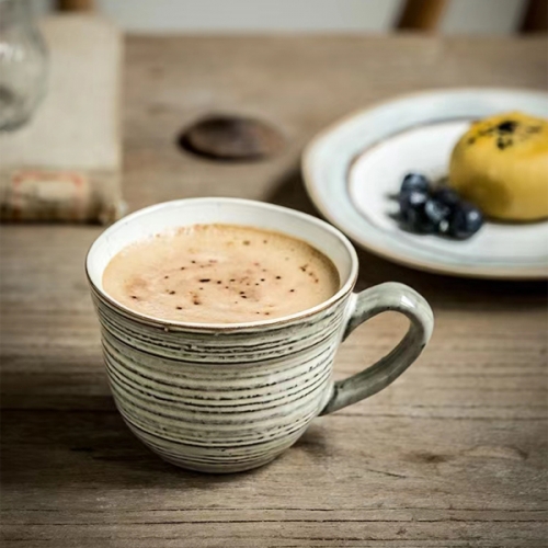 Mugliving reactive white glaze  ceramic cup and saucer 175ML, ceramic Americano coffee mug, ridged ceramic mug, coffee Mug