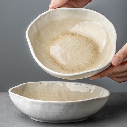 Mugliving organic shape crackle  glaze bowl , serving bowl, salad bowl, stoneware reactive cream glaze bowl