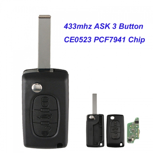 MK240004 CE0523 Folding Remote Car Key 3 Button for P-eugeot ASK 433 MHZ PCF7941 Chip