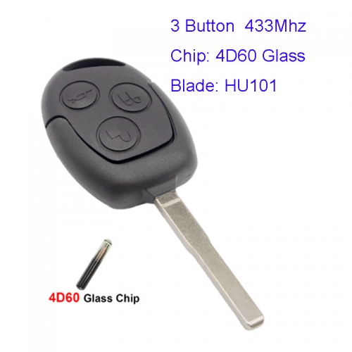 MK160082 3 Button 433Mhz Remote Key for Ford Fiesta 2011-2013 4D60 Glass Chip HU101 Blade Head Key Remote FOB