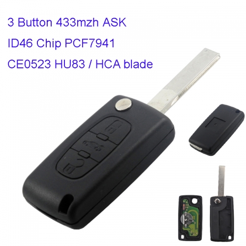 MK250003 3 Button 433Mhz ASK Flip Key Folding Key for C-itroen ID46 PCF7941 ASK HU83 / HCA blade CE0523 Folding Remote Car Key