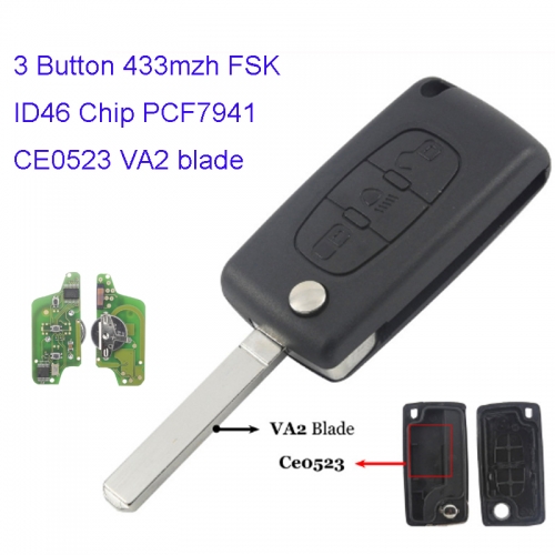 MK250004 3 Button 433Mhz FSK Flip Key Folding Key for C-itroen ID46 PCF7941 FSK CE0523 VA2 blade Remote Car Key