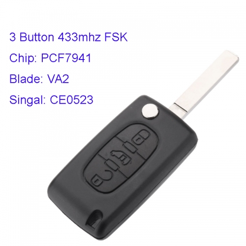 MK250006 3 Button 433mhz FSK Remote Control Flip Key for C-itroen Berlingo CE0523 PCF7941 CHIP E25CI009 Key Fob