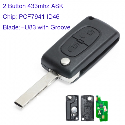 MK240014 2 Button 433mhz ASK Flip Key for P-eugeot 307 2006-2010 CE0523 PCF7941 ID46 Transponder Remote Car Control With HU83 Blade