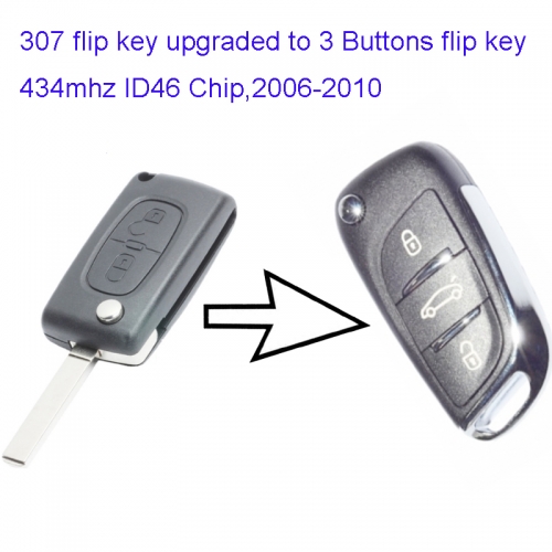 MK240022 2 Flip Key for Modified DS Style P-eugeot 307 ASK 2006-2010 3 Buttons 434mhz ID46 Chip Modified Flip Remote Car Control