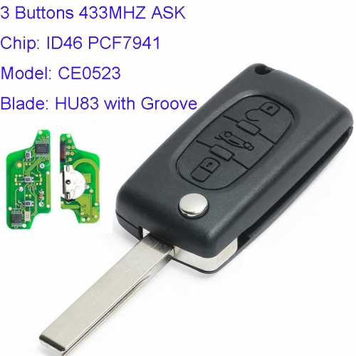 MK240030  3 Button 434Mhz ASK Flip Key for P-eugeot ID46 PCF7941 Transponder CE0523 Car Key Fob Remote