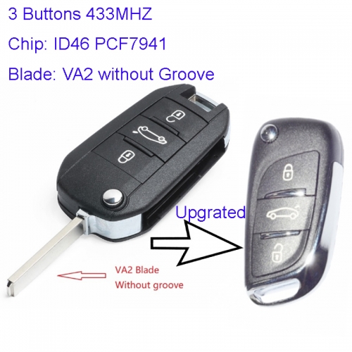 MK240032  3 Flip Key for Modified DS Style P-eugeot 208 2008 308 3008 408 4008 508 500 3 Buttons 434mhz ID46 Chip VA2 Blade Modified Flip Remote Car C