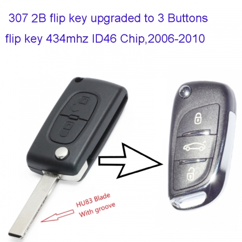 MK240024 2 Flip Key for Modified DS Style P-eugeot 307 407 308 408 3 Buttons 434mhz ID46 Chip HU83  Blade Modified Flip Remote Car Control