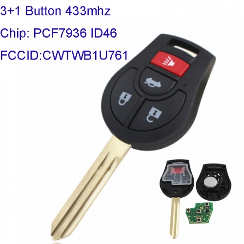 MK210061 3+1 Button 433mhz Head Remote Control for N-issan Qashqai Sunny Sylphy Tiida X-Trail CWTWB1U761 with ID46 Chip Auto Car Key Remote