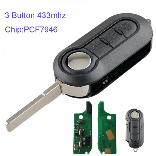 MK330012 3 Button 433mhz Flip Remote Key for Fiat Ducato Bravo 500L Key (M.Marelli BSI System)  with Transponder PCF 7946 and SIP22 Blade