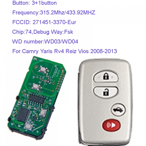 MK190102 3+1 Button 315.2Mhz/433.92MHZ Smart Key for T-oyota Part Number 271451-3370-Eur Keyless Go Proximity Key