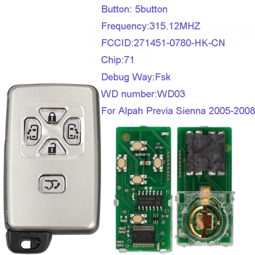 MK190096 5Button 315.12MHZ  Smart Key for T-oyota Part Number 271451-0780-HK-CN Keyless Go Proximity Key